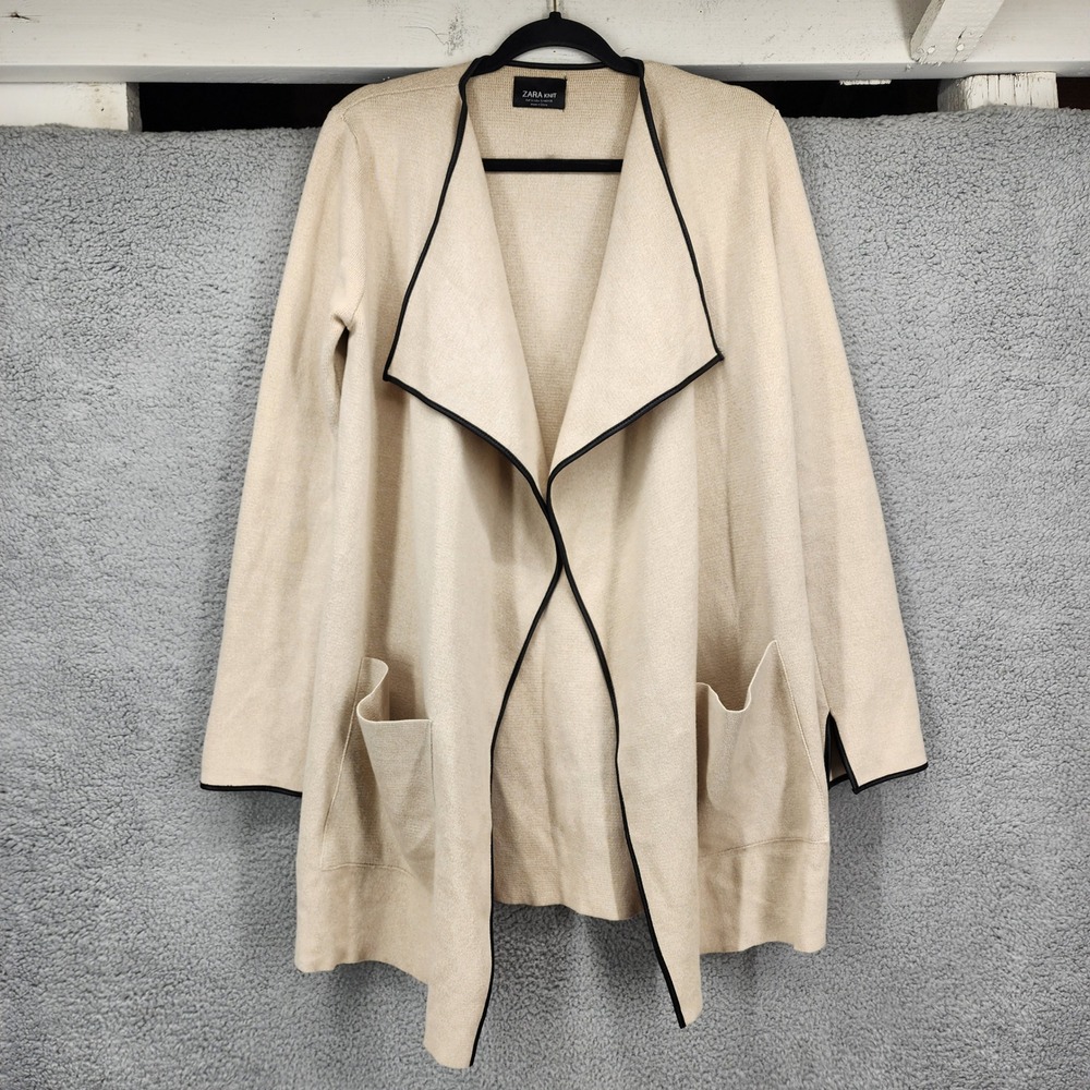 Zara Knit Womens Small Beige Open Front Cardigan Black Trim Waterfall Pockets